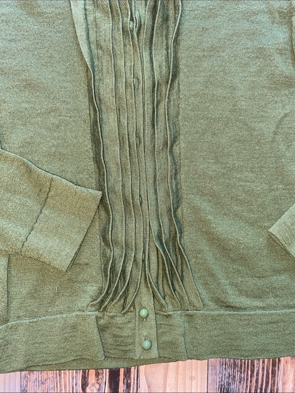 Talbots Pure Merino Italian Wool Olive Green Ruffle-Front Cardigan - Picture 4 of 4